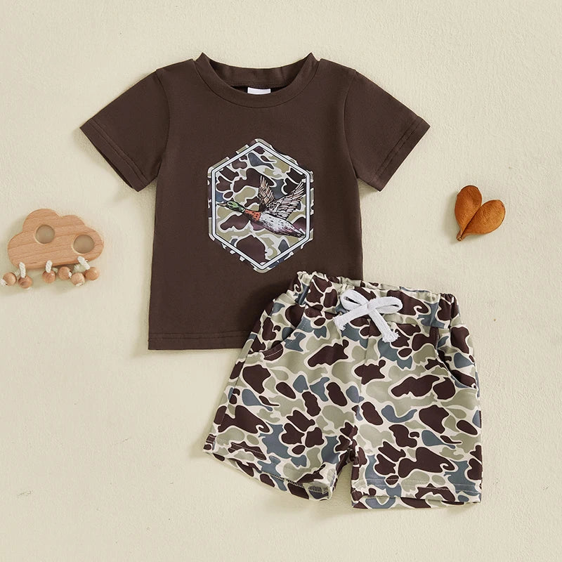 Toddler Baby Boy Summer Clothes Outfit Camouflage Pattern Crew Neck Short Sleeve T-Shirt with Casual Shorts 2 Pcs Set