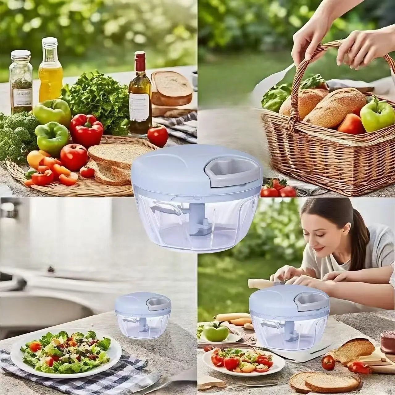 Manual Garlic Press and Vegetable Cutter - Multi-purpose Garlic Mincer, Nut Crusher, Hand Food Slicer, and Pull String Veggie Di