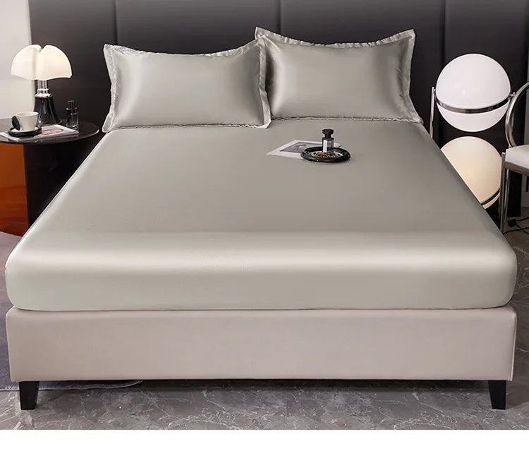 2025 new machine washable ice silk fitted sheet solid color cool silk mattress protective cover single piece no pillowcase
