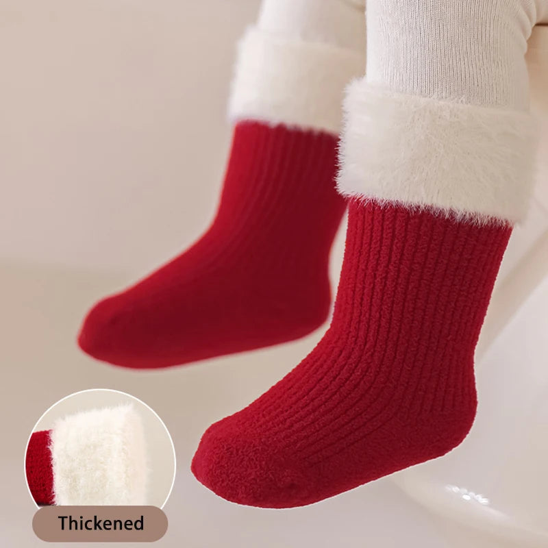 Red New Year Socks Newborn Baby Kids Soft Solid Thickened Velvet Toddler Mid Socks Girls Infant Boys Cute Boneless Socks 0-12Y
