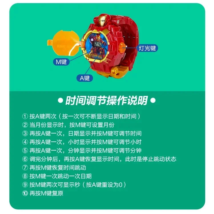 2026 Hot Marvel Iron Man Spiderman Cartoons Children's Watch Deformation Robot 3d LED Luminous Watch Children's Model Toy Watch