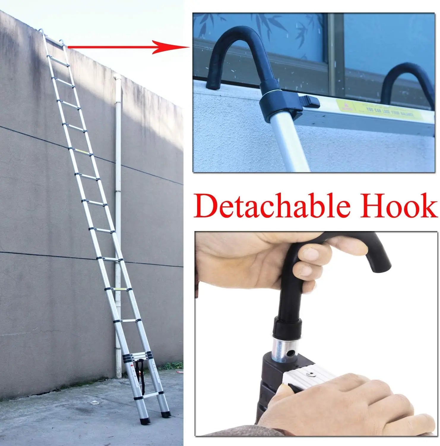 Telescopic Ladder 6.2m with Detachable Hooks & Extendable Steps, Folding Tall Loft Ladder with Non-Slip Feet Collapsible Ladder