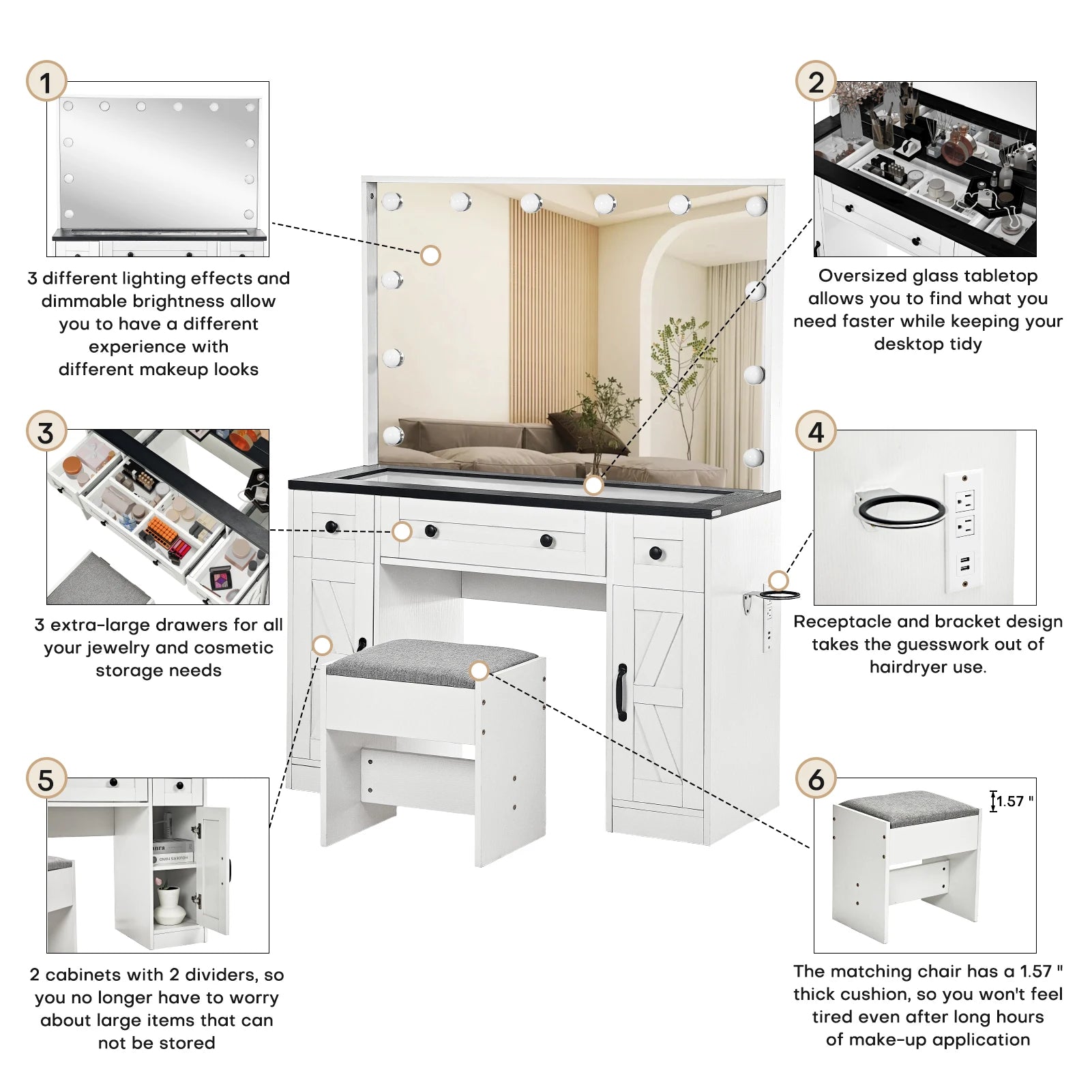 Bureau de maquillage de ferme avec miroir éclairé, bureau de maquillage Hollywood avec 3 tiroirs et 2 armoires, coiffeuse de 43 pouces, tabouret inclus