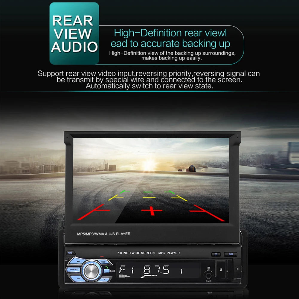 Podofo 1Din MP5 Player Mirrorlink Multimedia Player Bluetooth FM USB EQ 4Core 7 ''Retractable Screen Touch Screen Car Radio