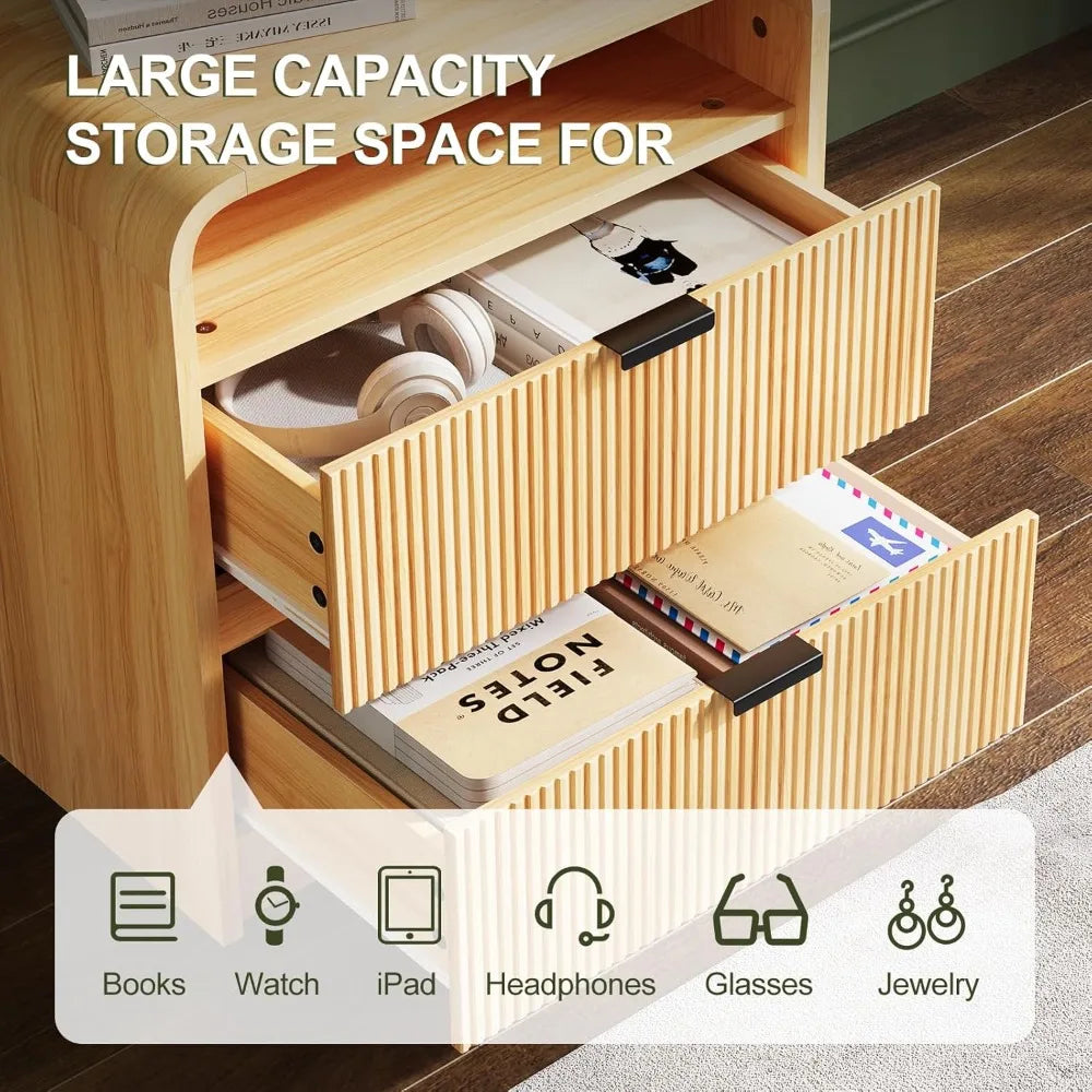 Table de chevet cannelée avec station de recharge, table d'appoint en bois avec 2 tiroirs de rangement, design à profil incurvé, armoire de chevet moderne