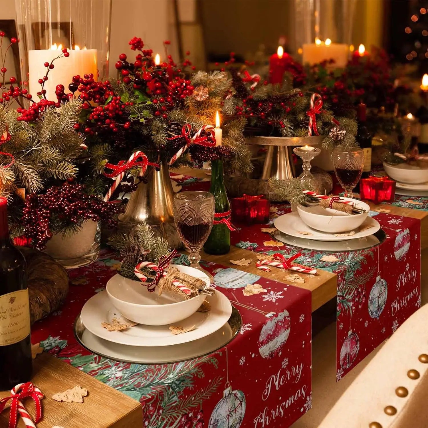 Merry Christmas Poinsettia Flower Ball Linen Table Runner Party Decor Winter Snowflake Berry Table Runners Christmas Decorations