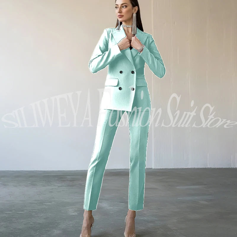 Fashion Chic Burgundy Red Purple Women Suit Double Breasted 2 Piece Jacket Pants Blazer Set Slim Fit Office Lady Female Clothing