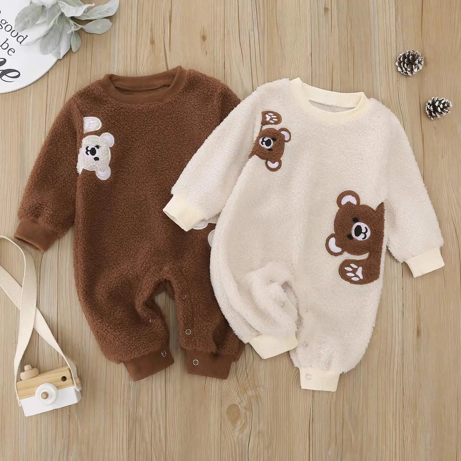 Baby Bear Embroidered Plush Onesie for Autumn Winter Comfortable Cotton Romper Suit for Infants And Toddlers