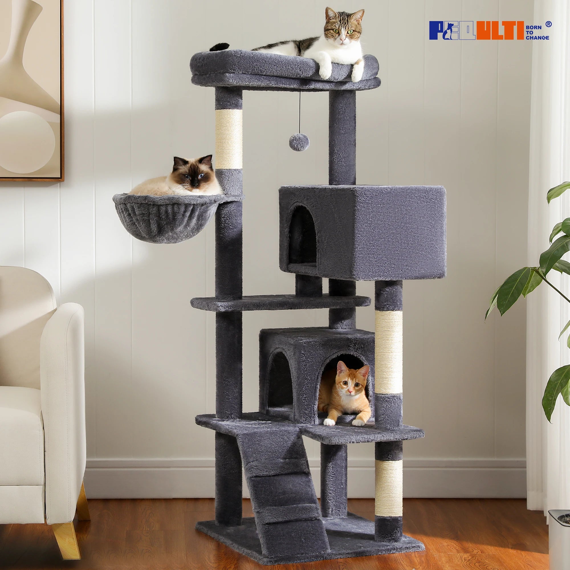 Stable&Safe Multi-Level Cat Tree Tower with Cozy Condo,Scratching Posts&Boards,Perches,Hammock,Pompoms for Active Cats,Cat Toys