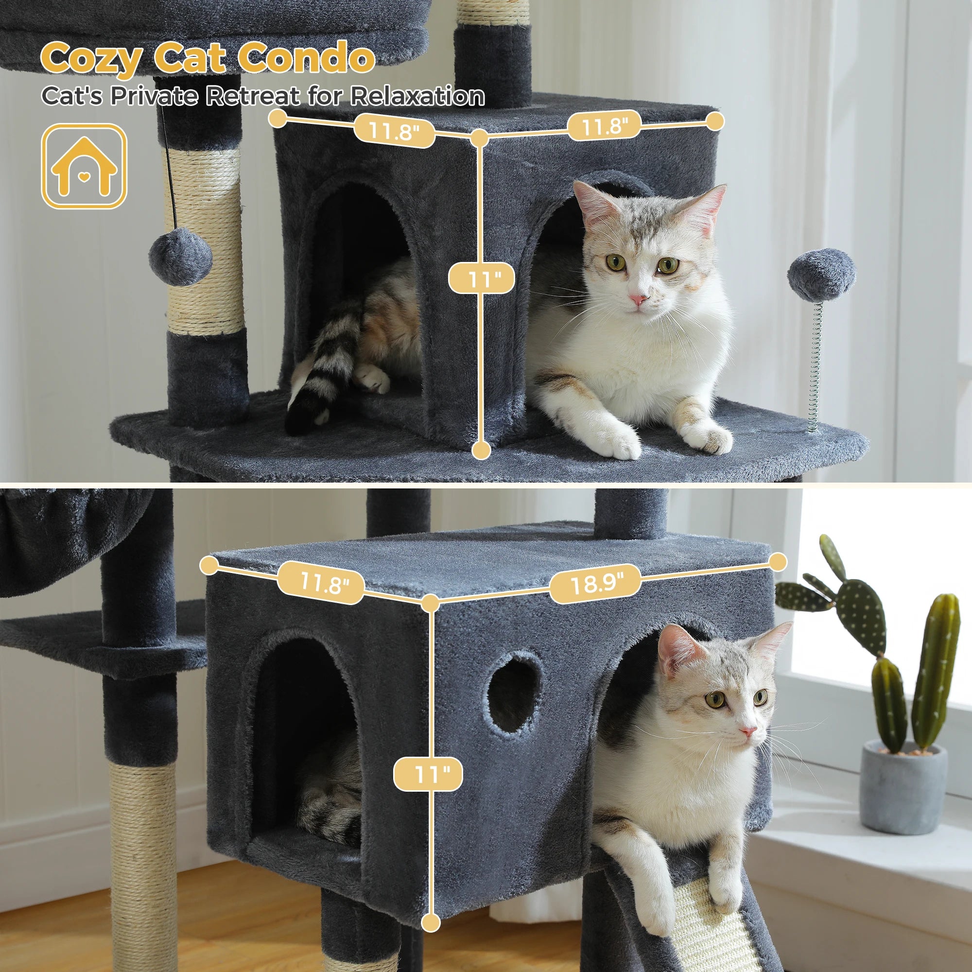 Stable&Safe Multi-Level Cat Tree Tower with Cozy Condo,Scratching Posts&Boards,Perches,Hammock,Pompoms for Active Cats,Cat Toys