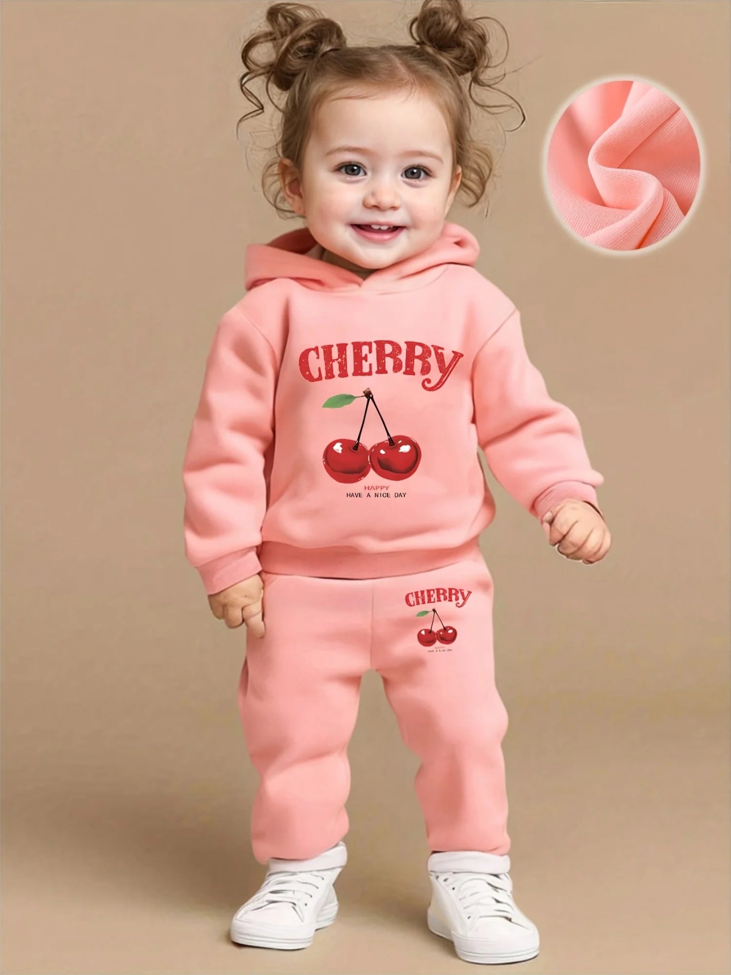 A two-piece set of cute cherry English printed fleece hoodie and pants for newborn girls in autumn and winter