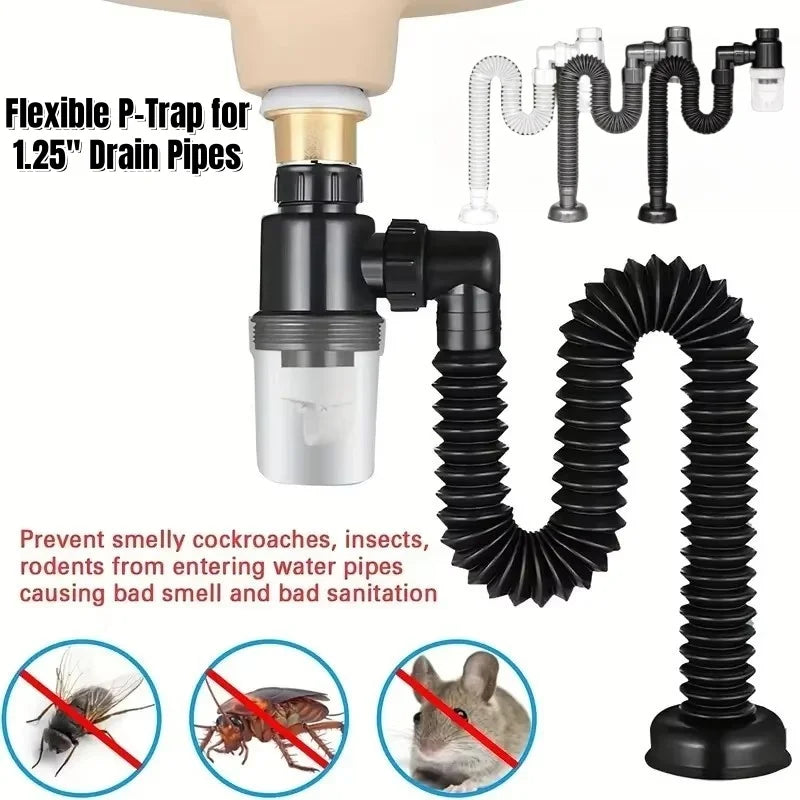 Flexible P-Trap for 30-32mm Drain Pipes Kitchen Sink Washbasin Drainage Pipe Insect-proof Odor-proof Blockage-proof Leak-proof
