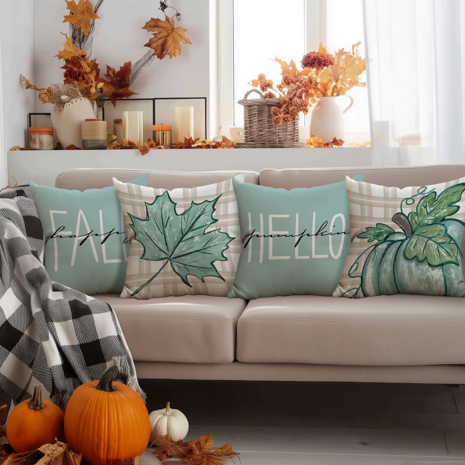4pcs Thanksgiving Pillow Cover, Pumpkin, Maple Leaf, Stripe Pattern Cushion Cover, Hello Autumn Home Decoration Pillowcase