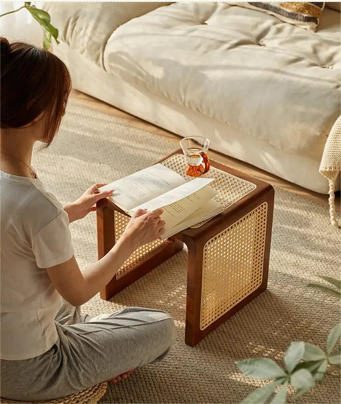 Table basse en rotin massif style Wine--sabi, meubles japonais, table d'appoint antique pour canapé, table carrée rétro pour balcon