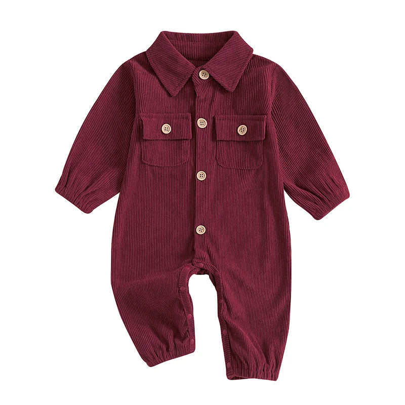 Pudcoco Baby Autumn Casual Corduroy Jumpsuit Long Sleeve Lapel Solid Color Button Up Romper
