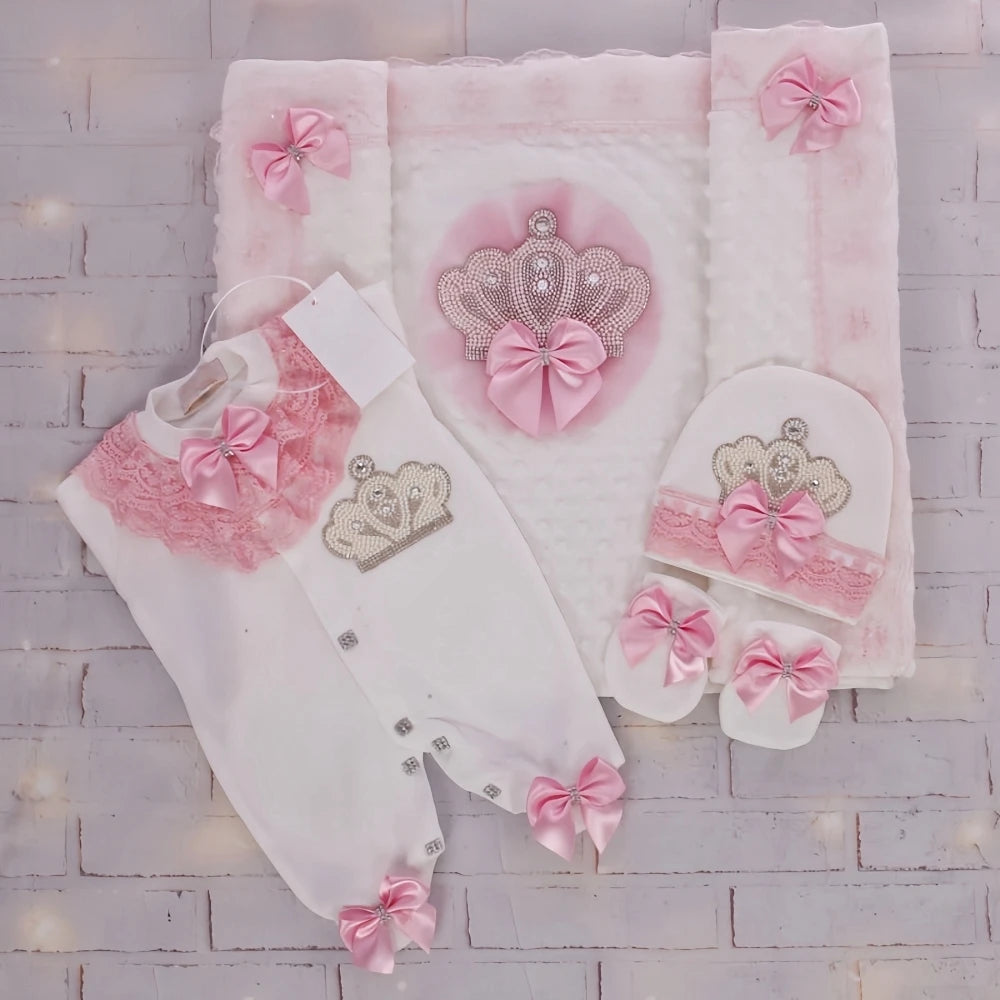 Customized Baby Name Newborn Pink Crown Jewels Gift Set 3pcs Outfits Pajamas Receiving Blanket Welcome Home Ceremonial dress