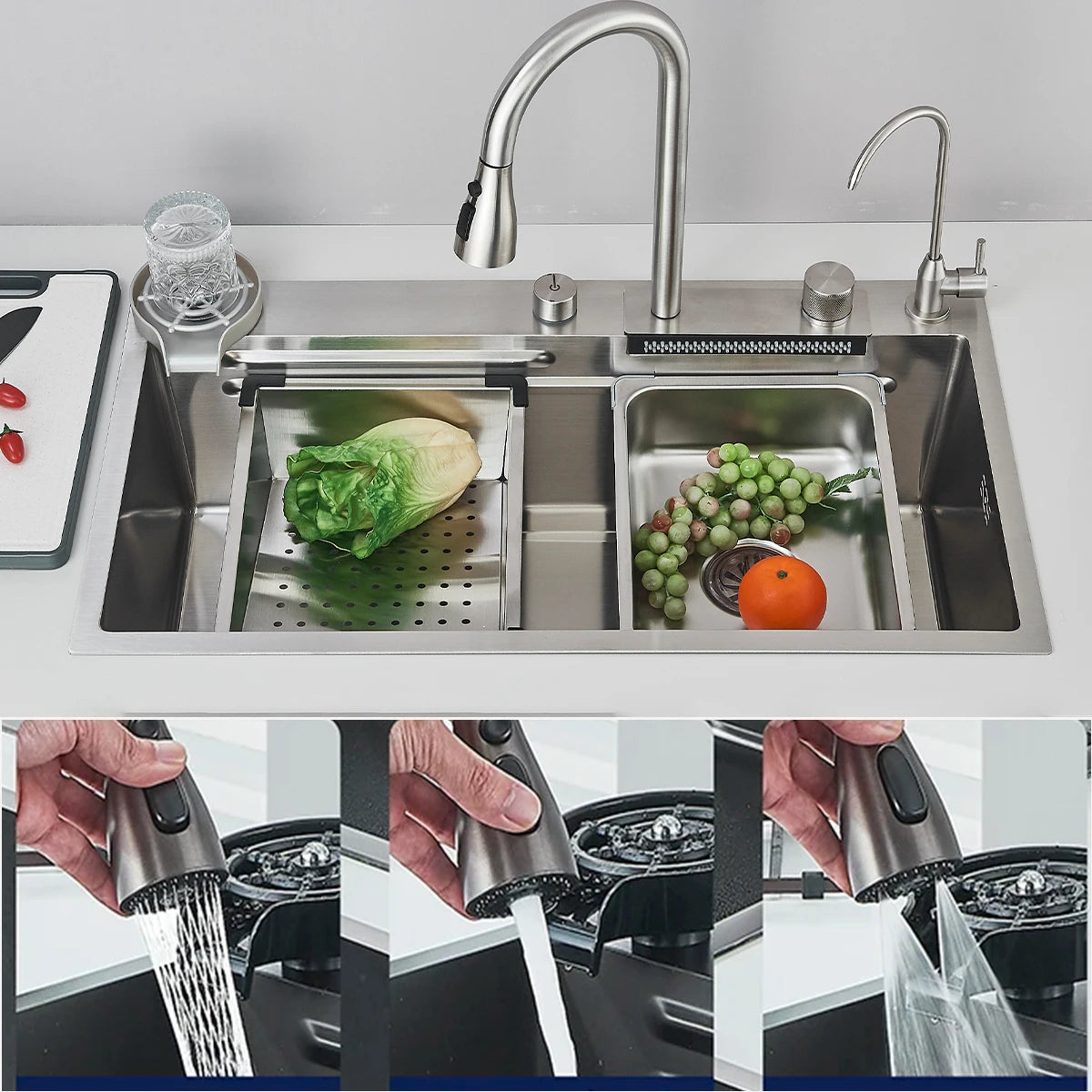 304 Stainless Steel Waterfall Kitchen Sink Large Single Slot Integrated 80X45cm Faucet Set Soap Dispenser Pure Water Tap