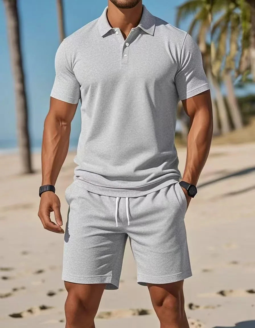 Men's Clothing Summer New Men's Casual Sports two-piece Mesh ventilation Breathable   Lapel Polo Shirt Short-Sleeved Suit