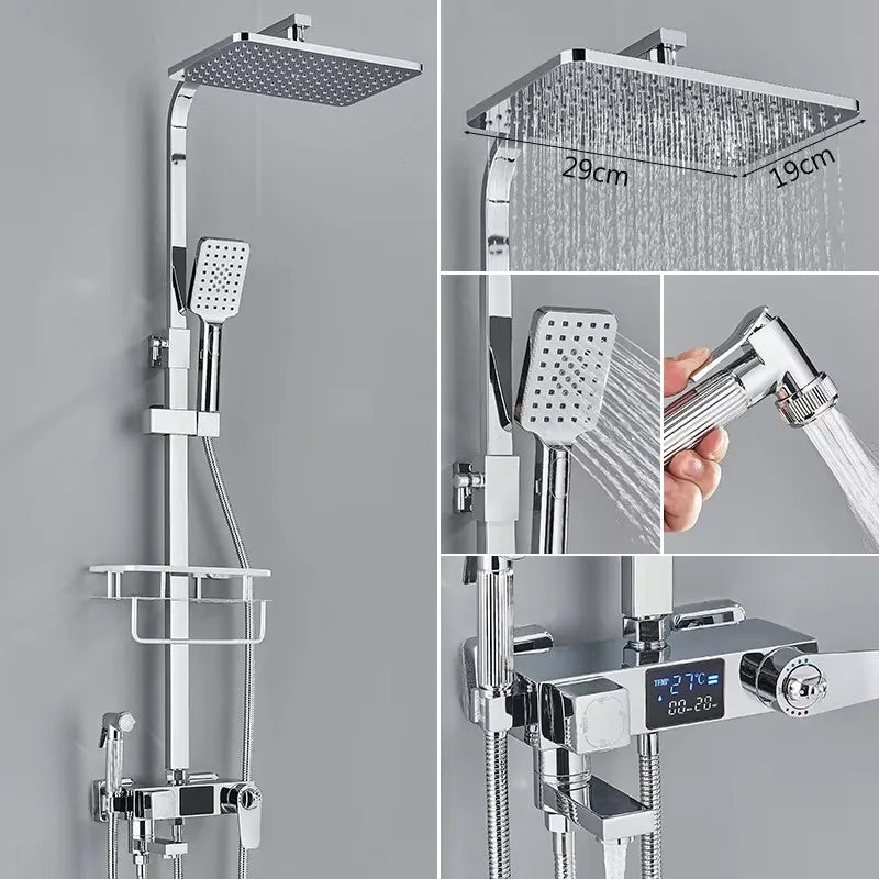4 Ways Digital Display Shower Faucet Bathroom Thermostatic/Hot Cold Rainfall Shower Head Brass Rotate Mixers Bidet Faucet
