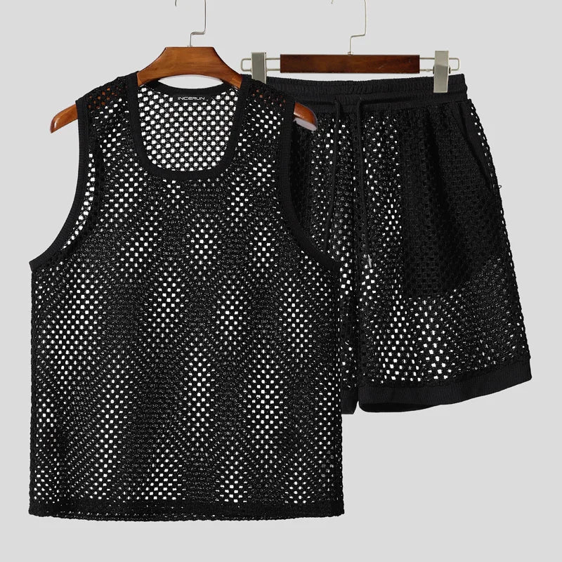 INCERUN Men Sets Solid Color Mesh Hollow Out See Through Tank Tops & Shorts 2PCS Summer Sexy Vacation Men Casual Suits 2025 5XL