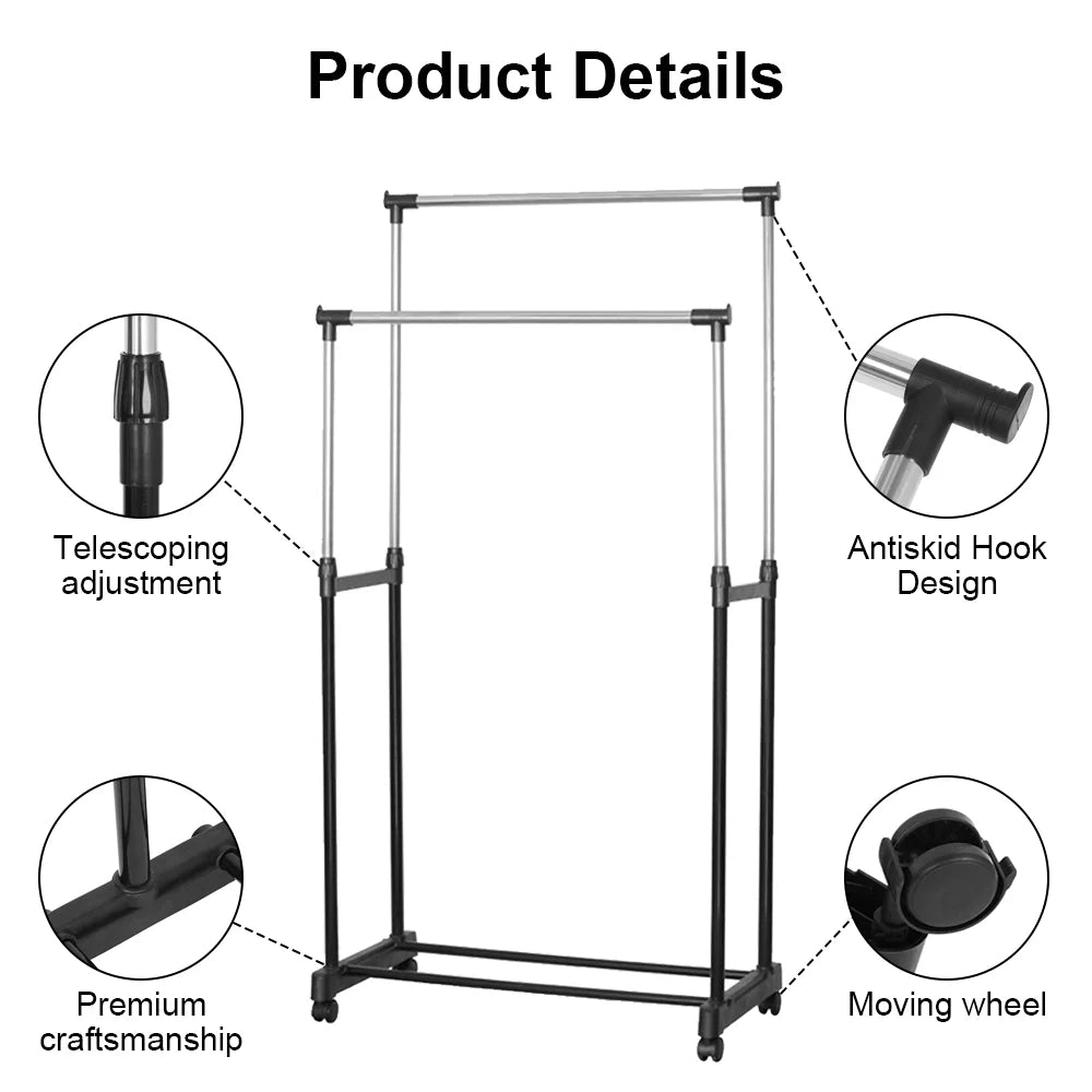 75X42X150cm Clothes Rack Wheeled Clothes drying rack Height adjustable Storage Rack Movable Coat Rack Floor Clothes Hangers
