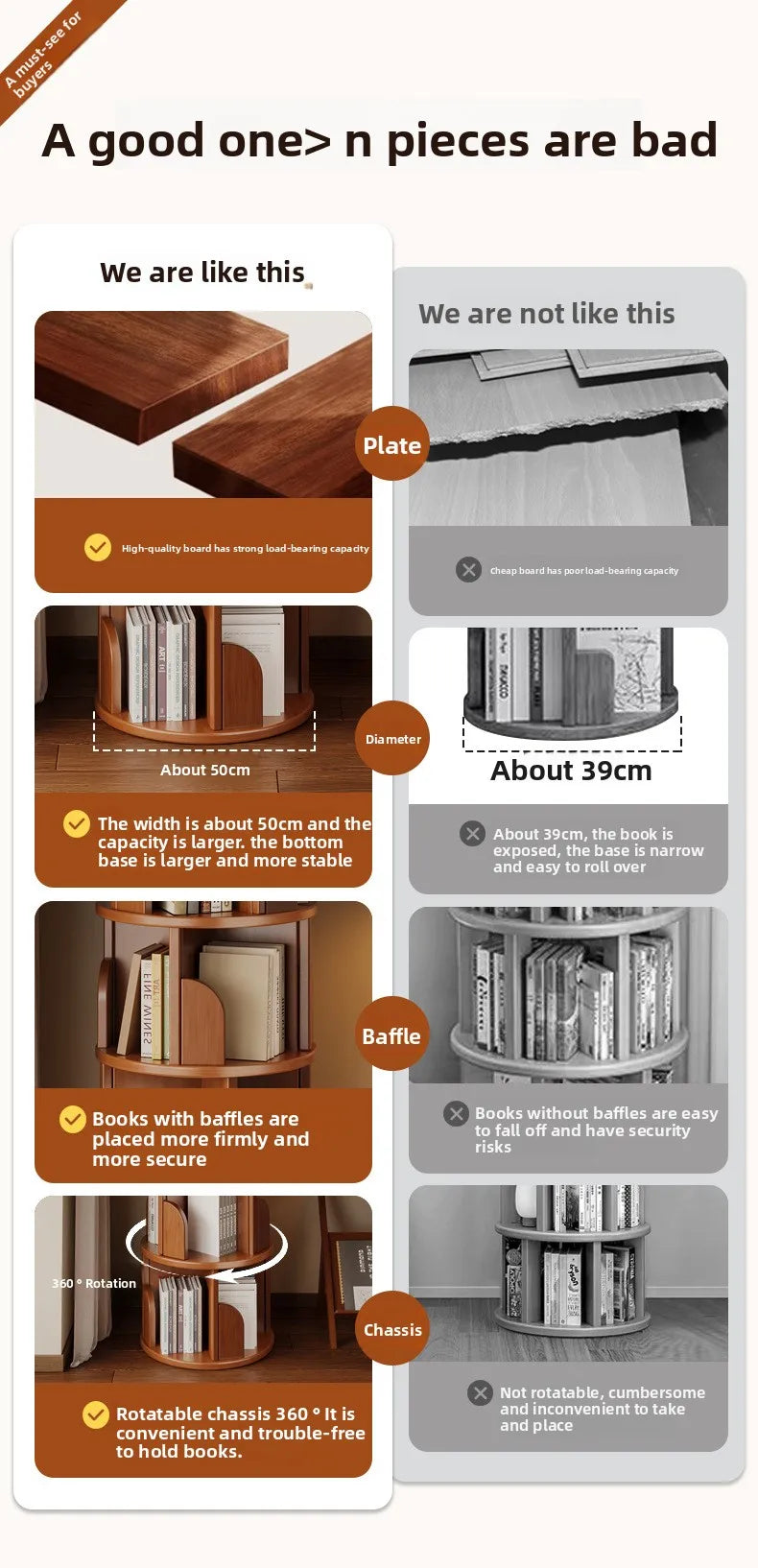 360 °   Bibliothèque rotative – Armoire de rangement mobile pour la maison et le salon
