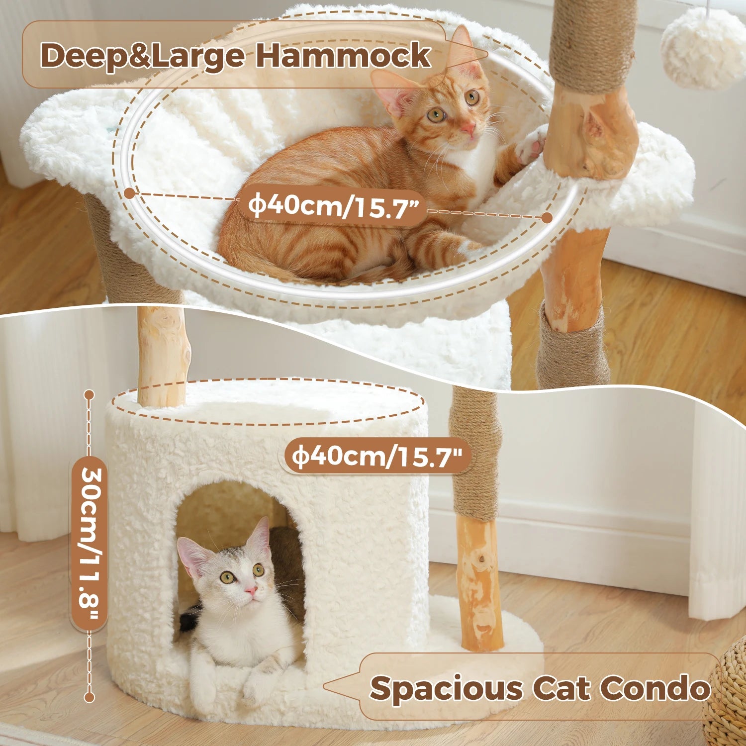Modern Cat Tree Tower with Natural Solid Wood Scratching Posts Spacious Wicker Basket Luxury Cat Condo Bed for Indoor Cat Toys