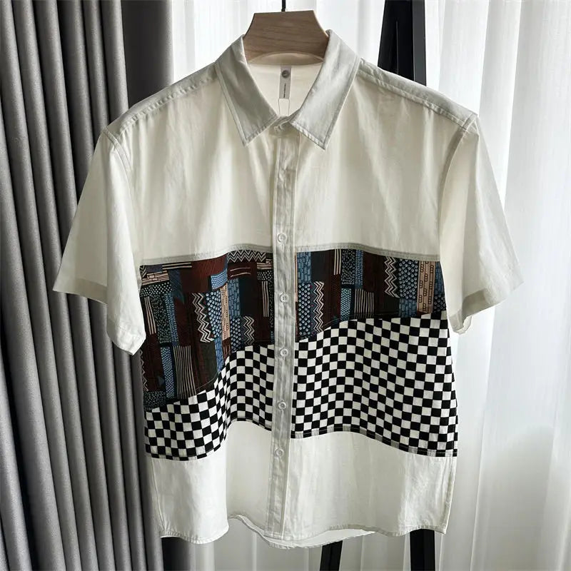 2025 New Japanese Retro Contrasting Colors Summer Plaid Spliced short-sleeved Shirt Men's Casual Clothes