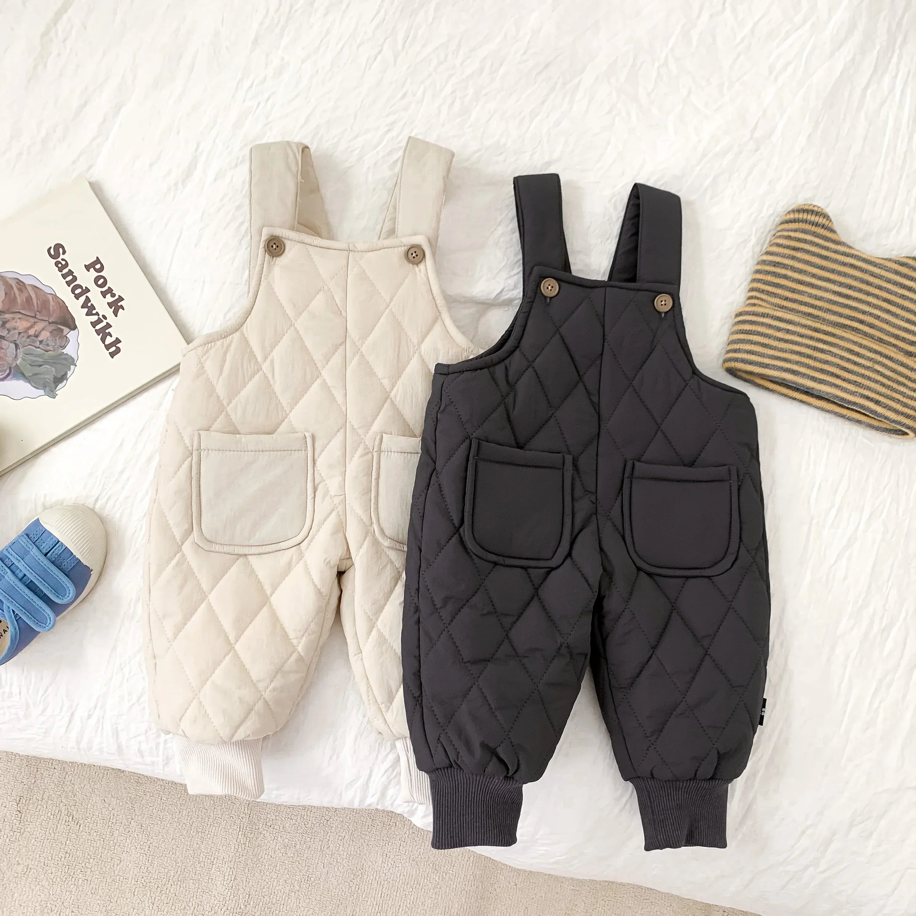 Winter Baby Boys And Girls Solid Color Thick Overalls Autumn And Winter Quilted Thick Pants Children's Casual Warm Jumpsuit