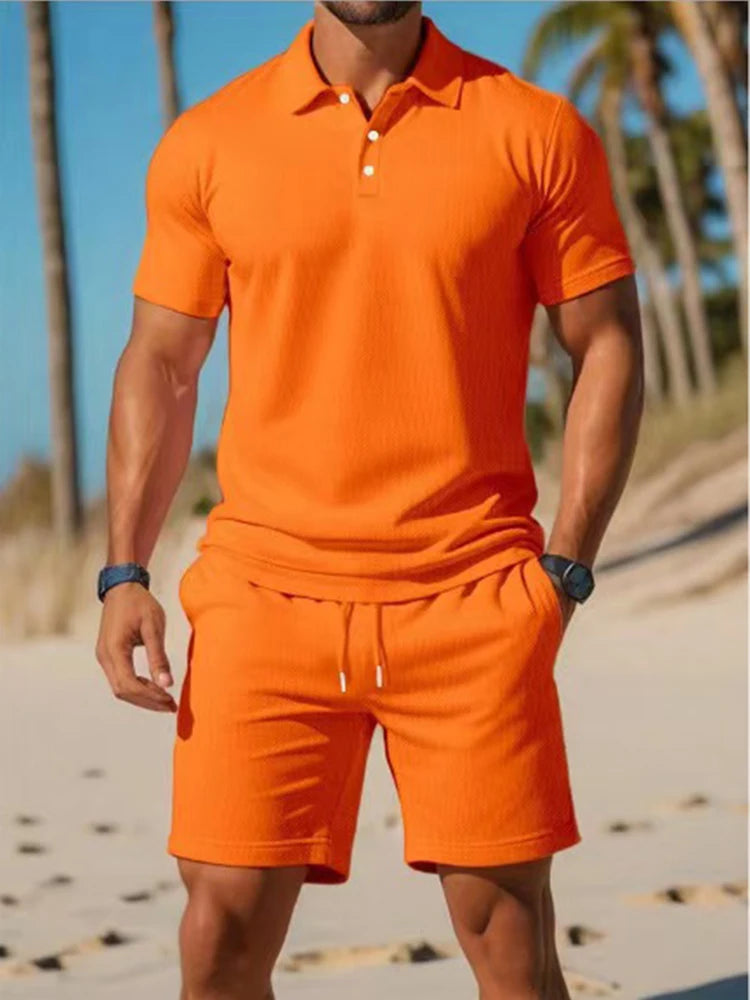 Men's Clothing Summer New Men's Casual Sports two-piece Mesh ventilation Breathable   Lapel Polo Shirt Short-Sleeved Suit