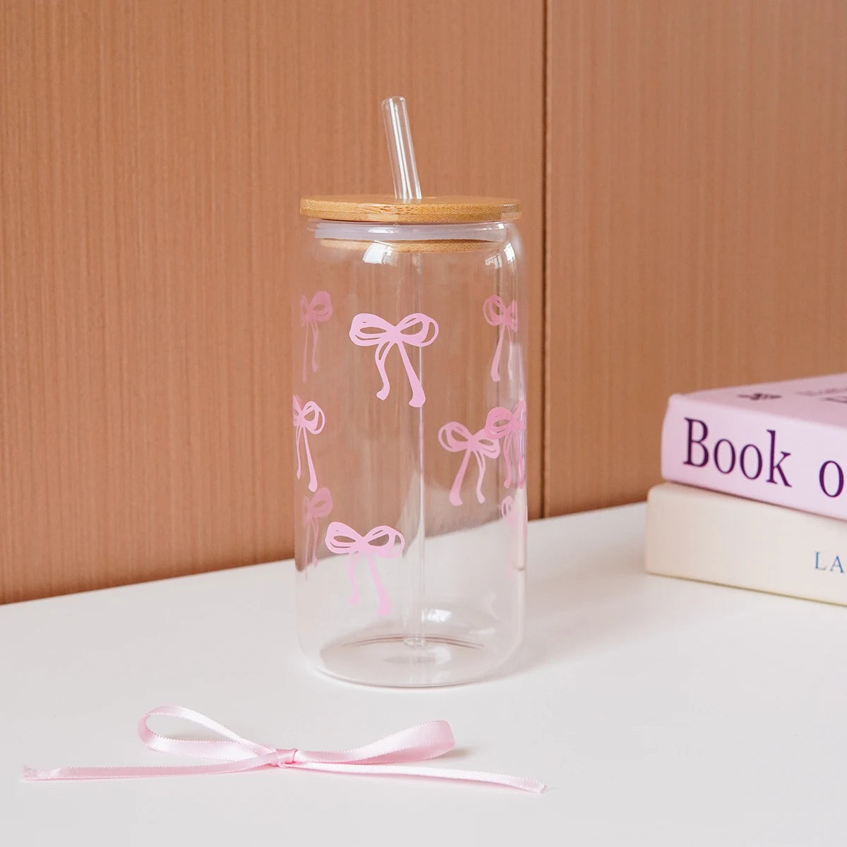 1/2/4/6Pcs Glass Bow Printed Glass Cup with Lid and Straw, Exquisite High-End Bow Glass Cup for Home Decoration, Family Daily Drinking Cup, Outdoor Picnic Cup, Party Cup, Breakfast Milk Cup, Gift Giving