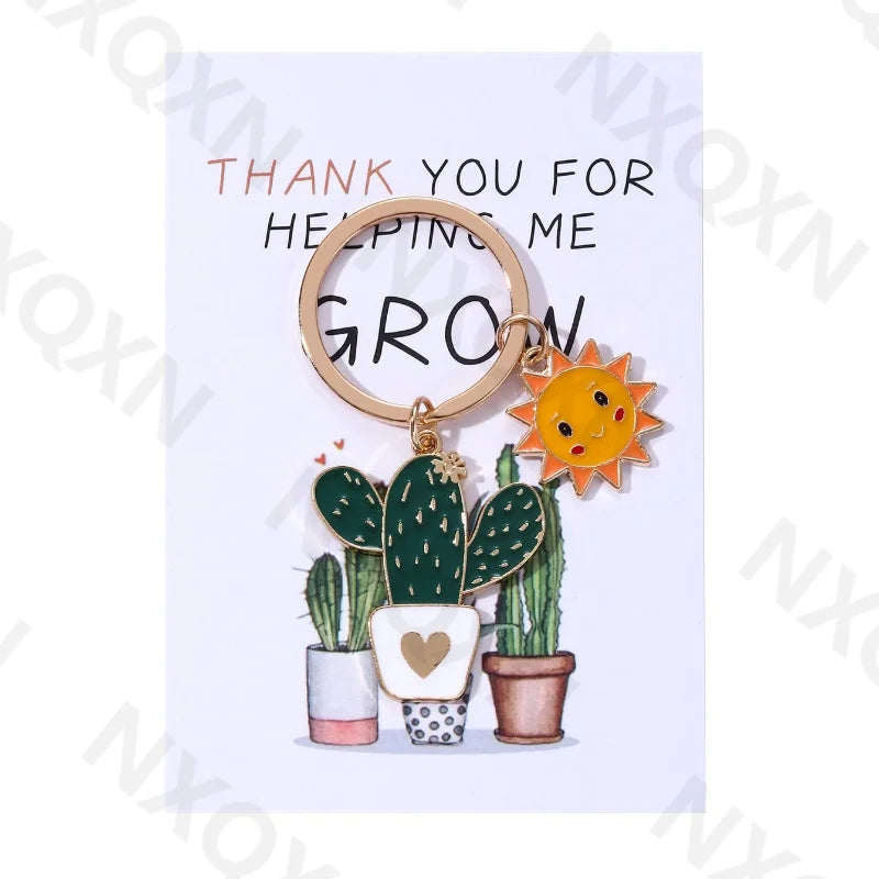 Classic Sun Smiling Face Cactus Enamel Keychain Cartoon Plant Grow Thank You For Teachers Good Gift Handmade Jewelry Set