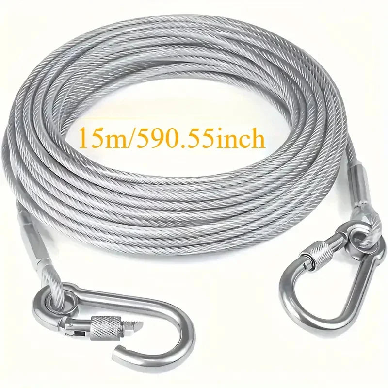 4.6m/9m/15m Double Leashes Stainless Steel Dog Tie  Strap Cable Leash Raction Rope with Metal Buckle Steel Wire Collar Outdoor