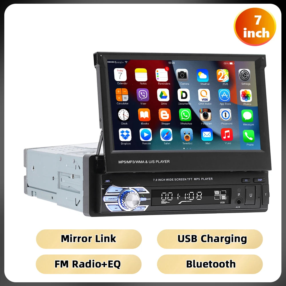 Podofo 1Din MP5 Player Mirrorlink Multimedia Player Bluetooth FM USB EQ 4Core 7 ''Retractable Screen Touch Screen Car Radio