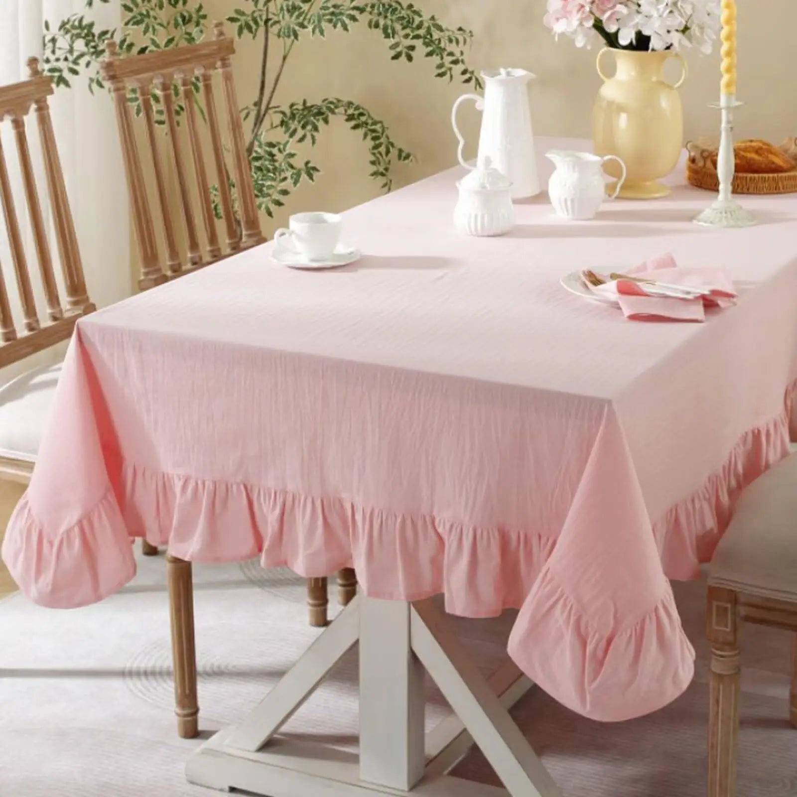 Solid Color Ruffled Tablecloth Cotton Rectangular Square Table Cover Decoration for Kitchen Dinning