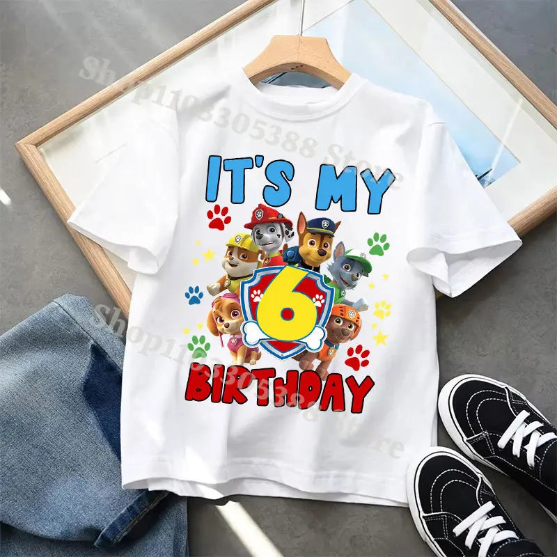 Paw Patrol Cute T-shirts for Children Cartoon Number 1-9 Printed Short Sleeved Shirt Boys Girls Summer Fashion Top Birthday Gift