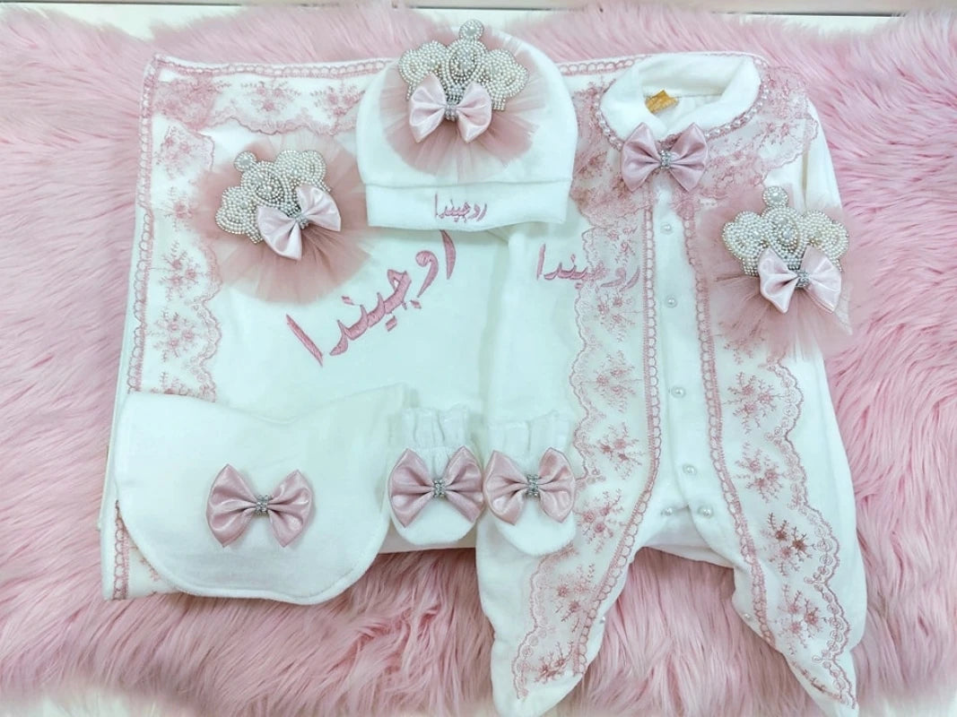 Dollbling 5pcs Wings Outfits Any Name Personalized Sweetwood Embroidery Gift Set Baby Pajamas Hat Welcome Home Ceremonial dress