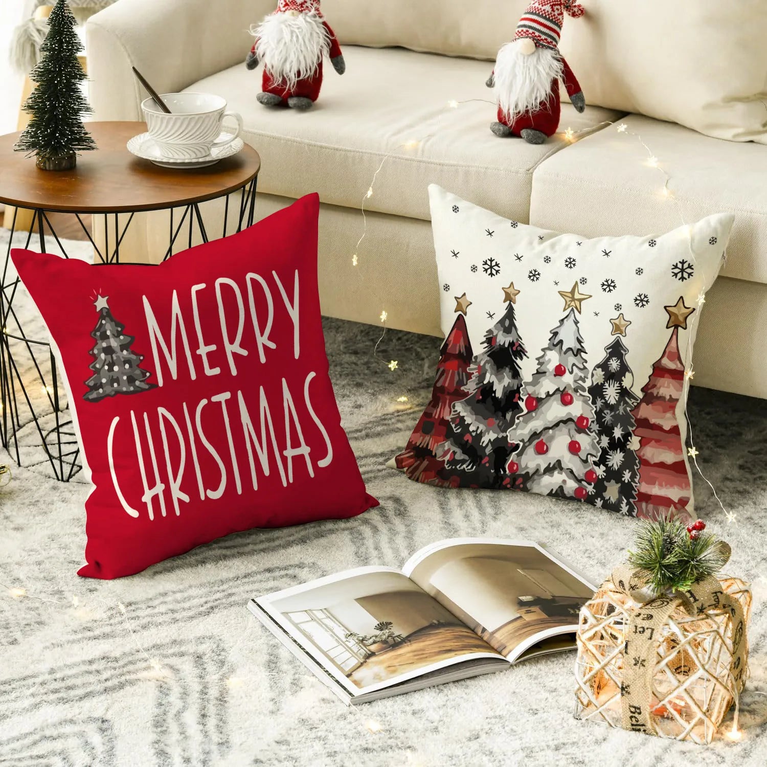 1pc/4pcs Christmas Pillow Cover, Black and Red Buffalo Plaid Celebration Christmas Tree Snowflake Decoration Sofa Cushion Cover