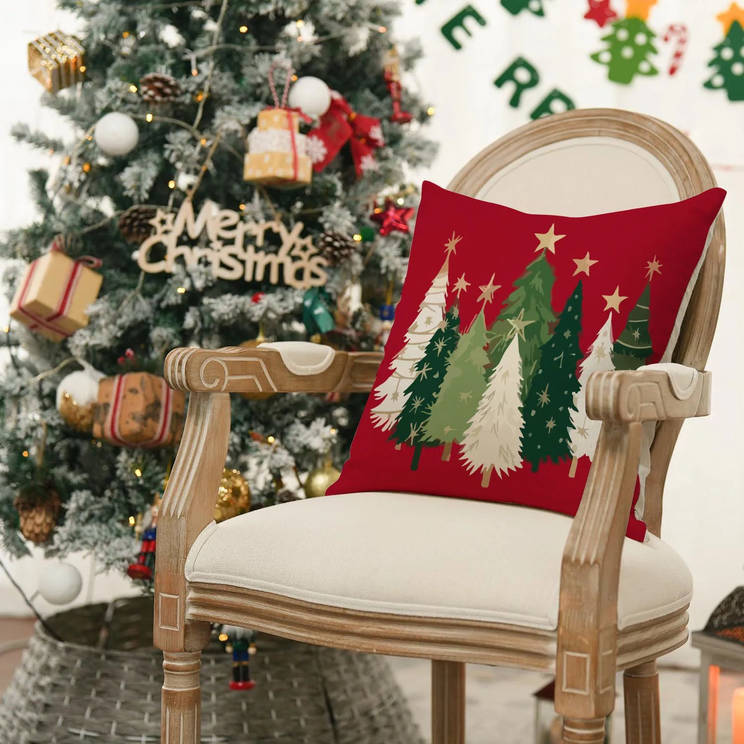 1pc/4pcs Christmas Pillow Cover, Black and Red Buffalo Plaid Celebration Christmas Tree Snowflake Decoration Sofa Cushion Cover