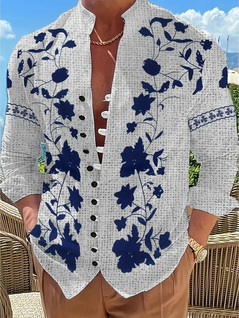 Fashionable Men's Long Sleeve Shirt 3D Half Color Flower Print Men's Casual Button Long Sleeve Shirt Top