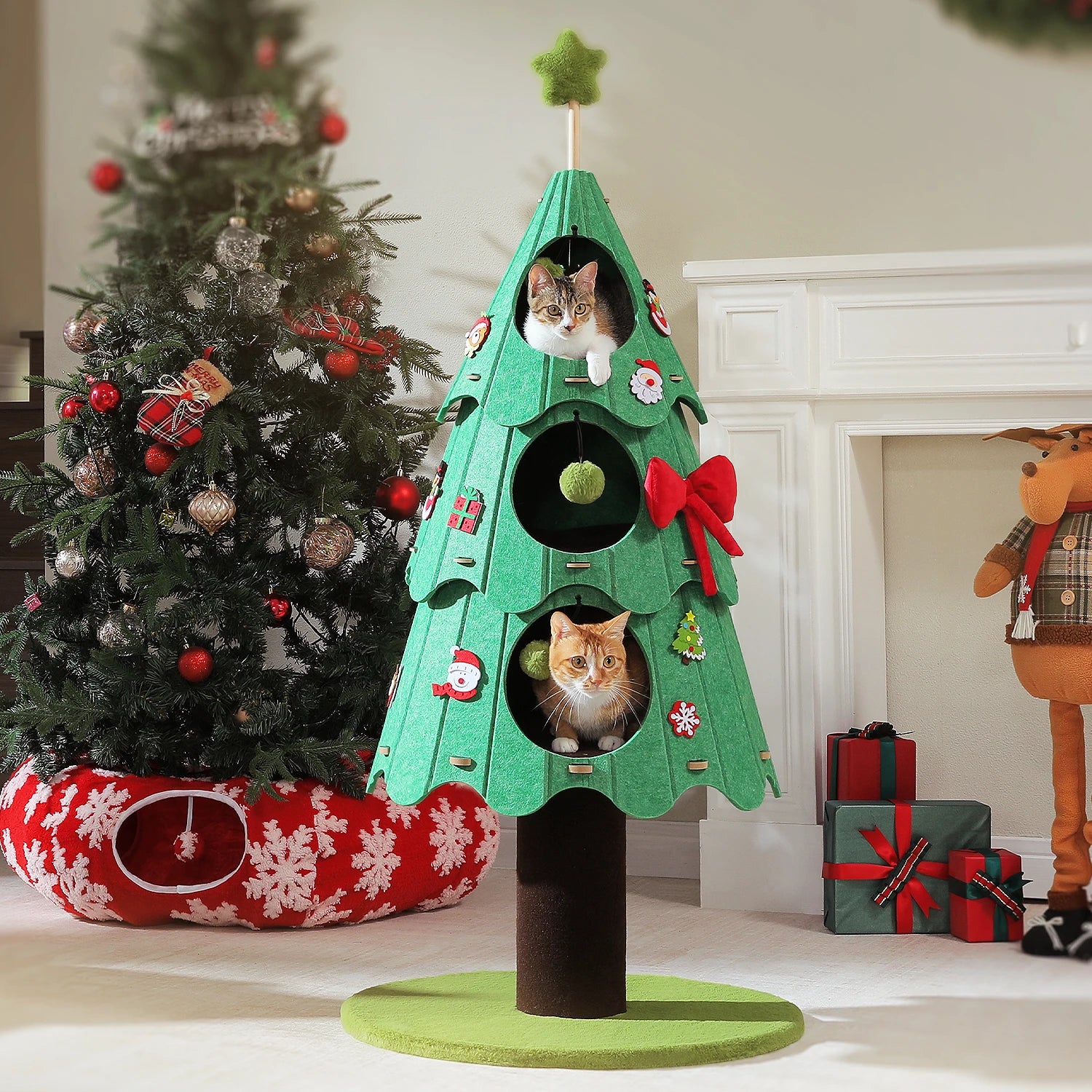 Christmas Cat Tree Tower with 3 Cozy Condos &amp; Pompoms Multi-Level Cat House Bed for Indoor Cats Modern Cat Furniture Cat Toys