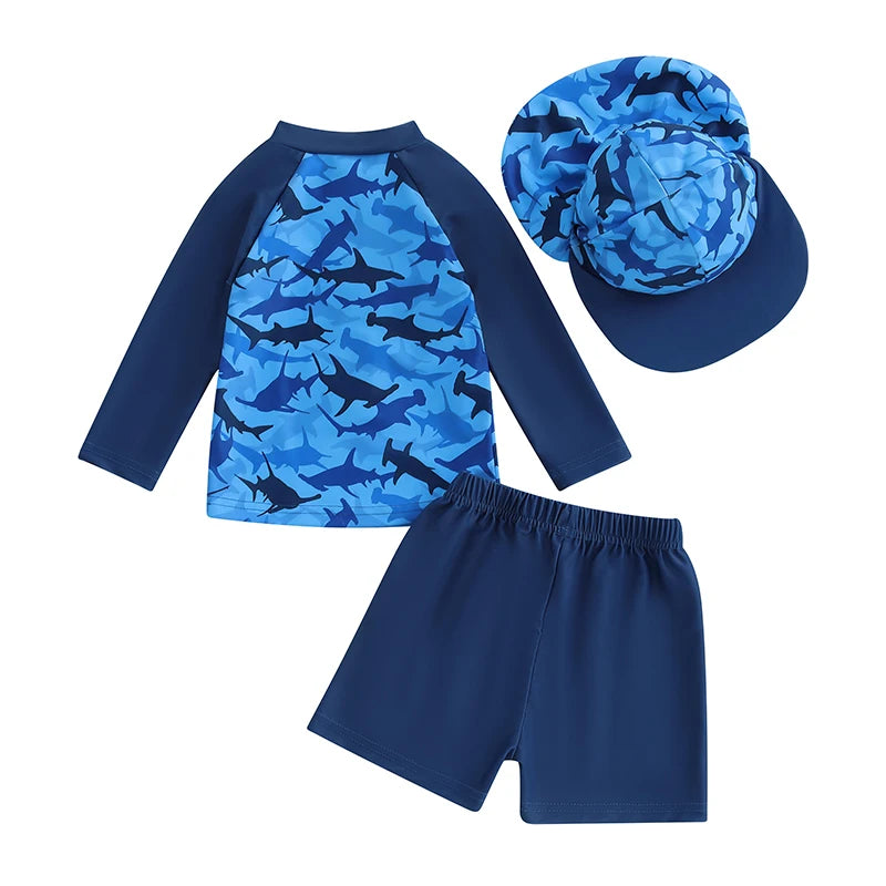 0-36months Toddler Boys Rash Guard Swimsuit Set Animal/Coconut Tree Print Long Sleeve Tops with Shorts and Swim Hat