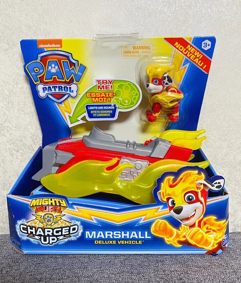 Genuine New Paw Patrol Mighty Pups Charged Up Rubble Marshall Chase Deluxe Vehicle with Lights and Sounds Children's Toy Car Boy
