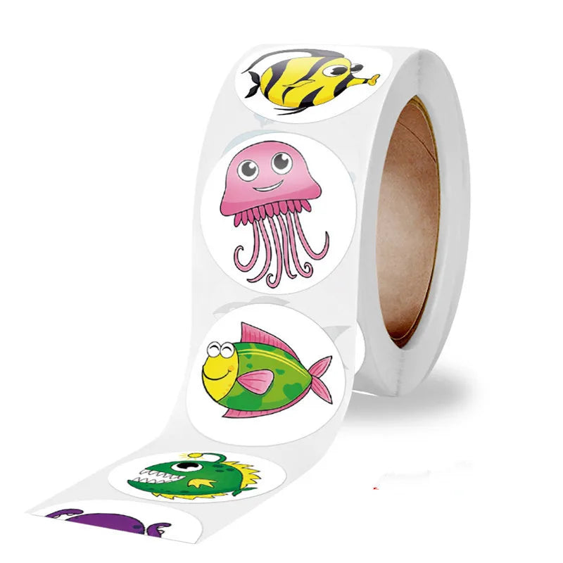 50-500 Cute Fish Thank You Stickers Kawaii Kids Sea Cartoon Sticker Roll for Christmas Gift Seal Student DIY Scrapbooking Craft