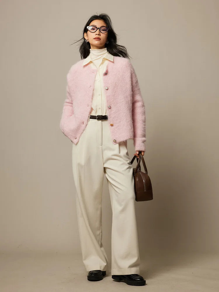 Winter Alpaca Wool Knitted Cardigan Women Soft Round Neck Single Breasted Loose Button Sweater Coat