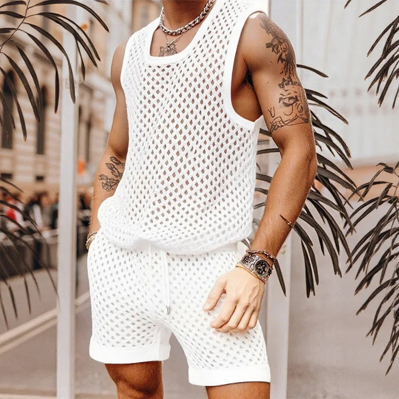 INCERUN Men Sets Solid Color Mesh Hollow Out See Through Tank Tops & Shorts 2PCS Summer Sexy Vacation Men Casual Suits 2025 5XL