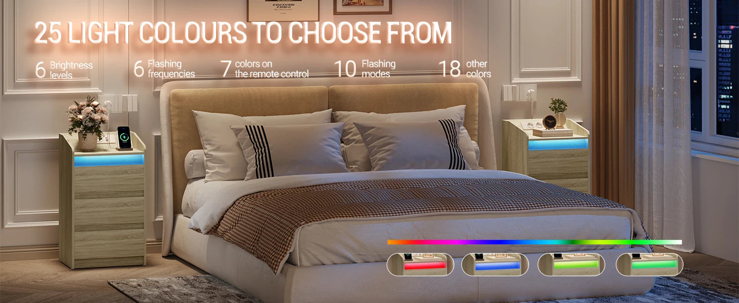 Hzuaneri Table de chevet avec 3 tiroirs, table d'appoint avec station de recharge et LED, 2 prises CA et 2 ports USB pour le salon