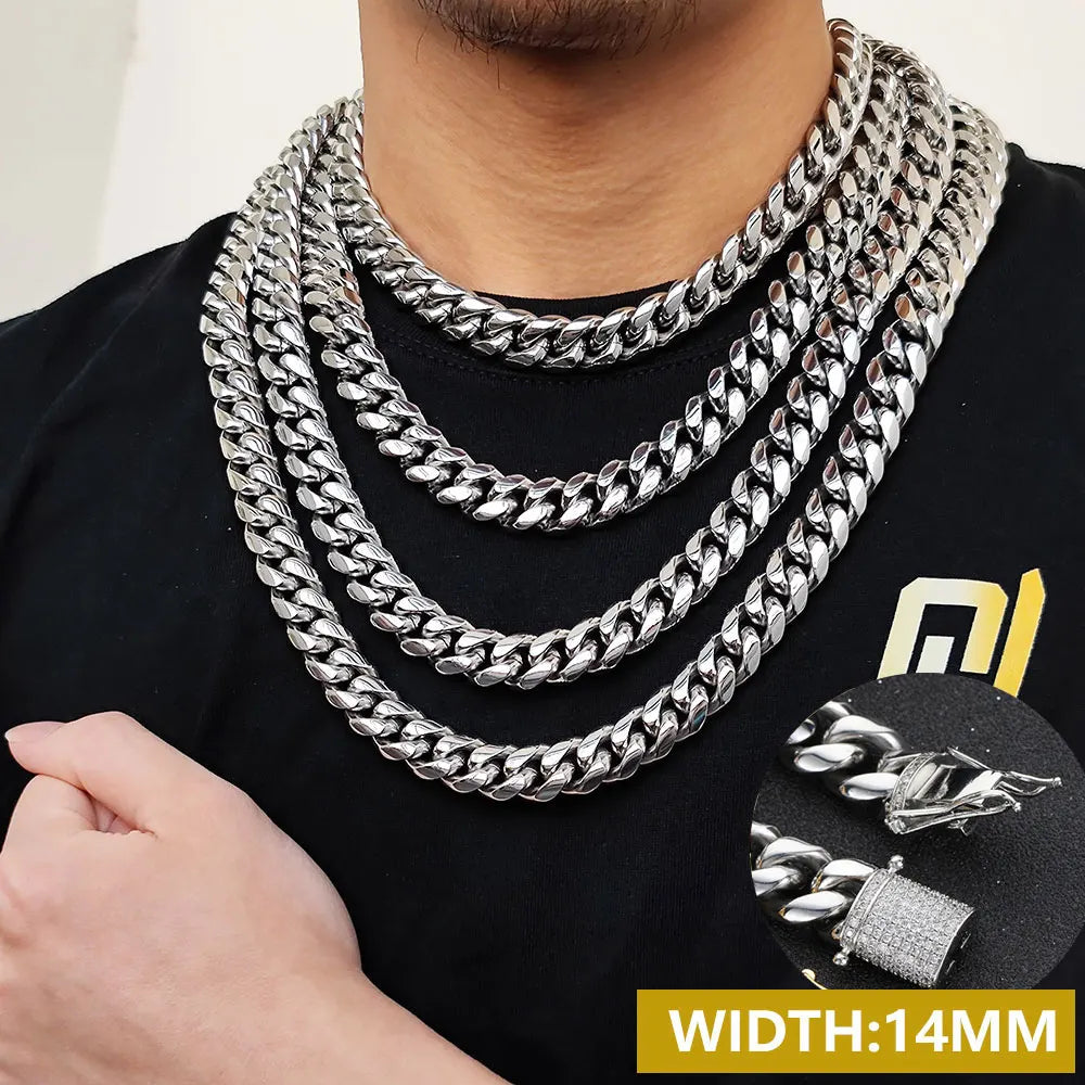6-16mm Iced Clasp Cuban Link Chain Miami Stainless Steel Necklace Hip Hop Jewelry Gift for Men Women
