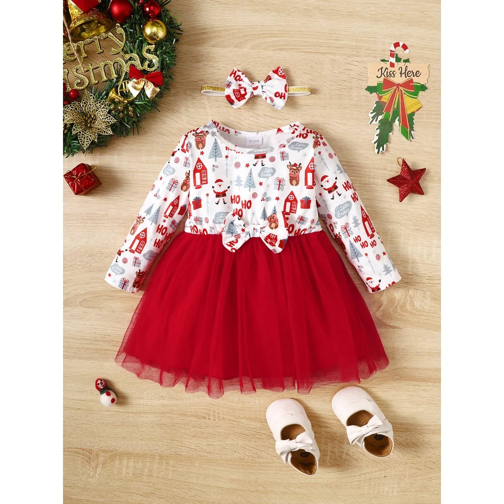 3-24 Months Toddler Baby Girl 2pcs Clothes Set Long Sleeve Christmas Print Dress with Headwear Fashion Holiday Style Daliy Wear