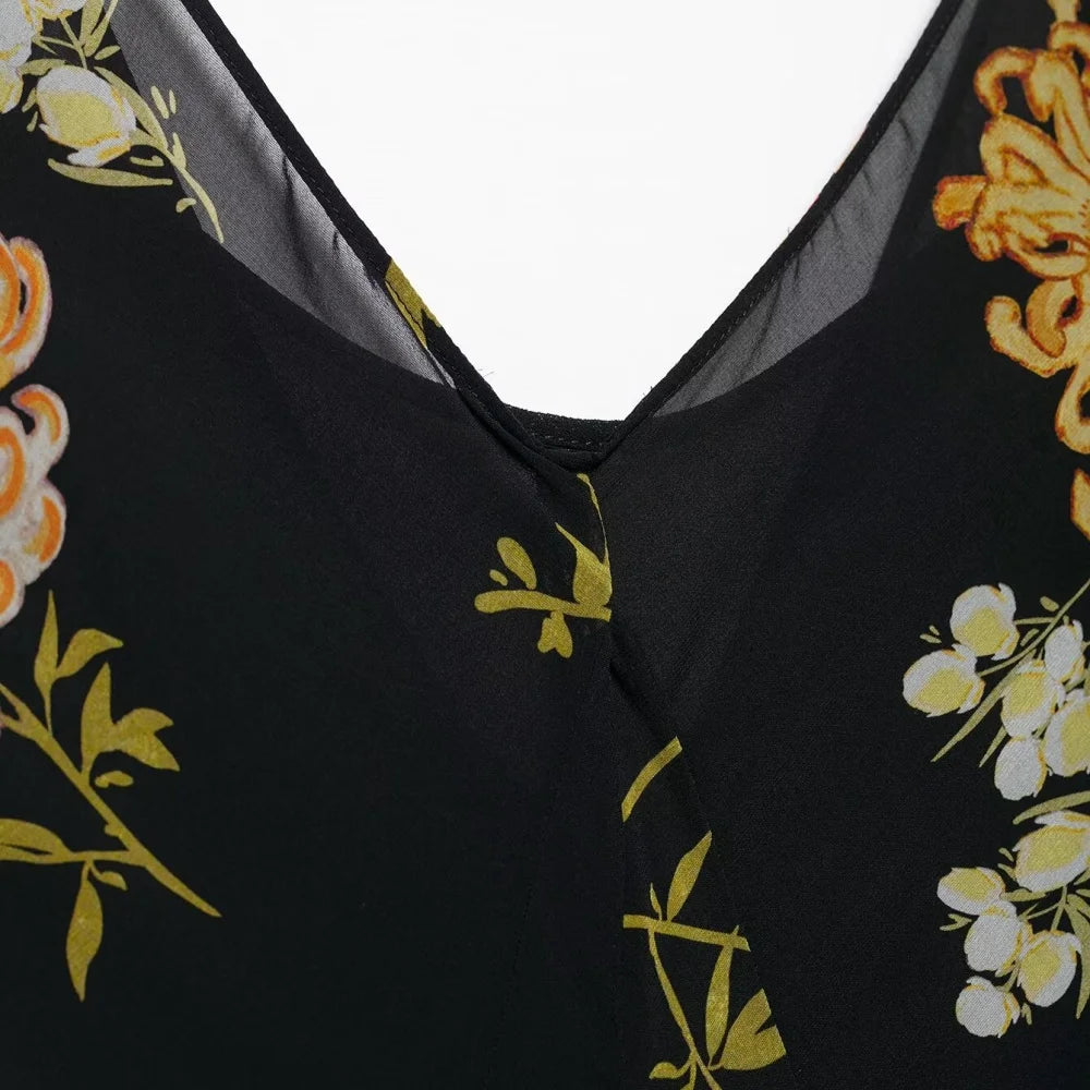 printed waist cinching dress V-neck sleeveless backless pullover summer new women's fashionable temperament long dress